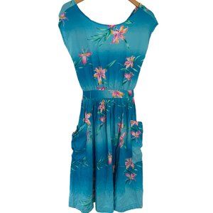 Vintage 80s Otaheite Hawaiian Sun Dress XS Blue Tropical Floral Cut Out Tie Back